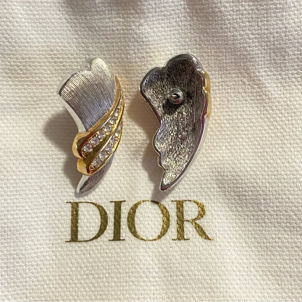 Rare Vintage Christian Dior Angel Wings Pierced Earrings in Silver/Gold With CZs - Picture 5 of 7